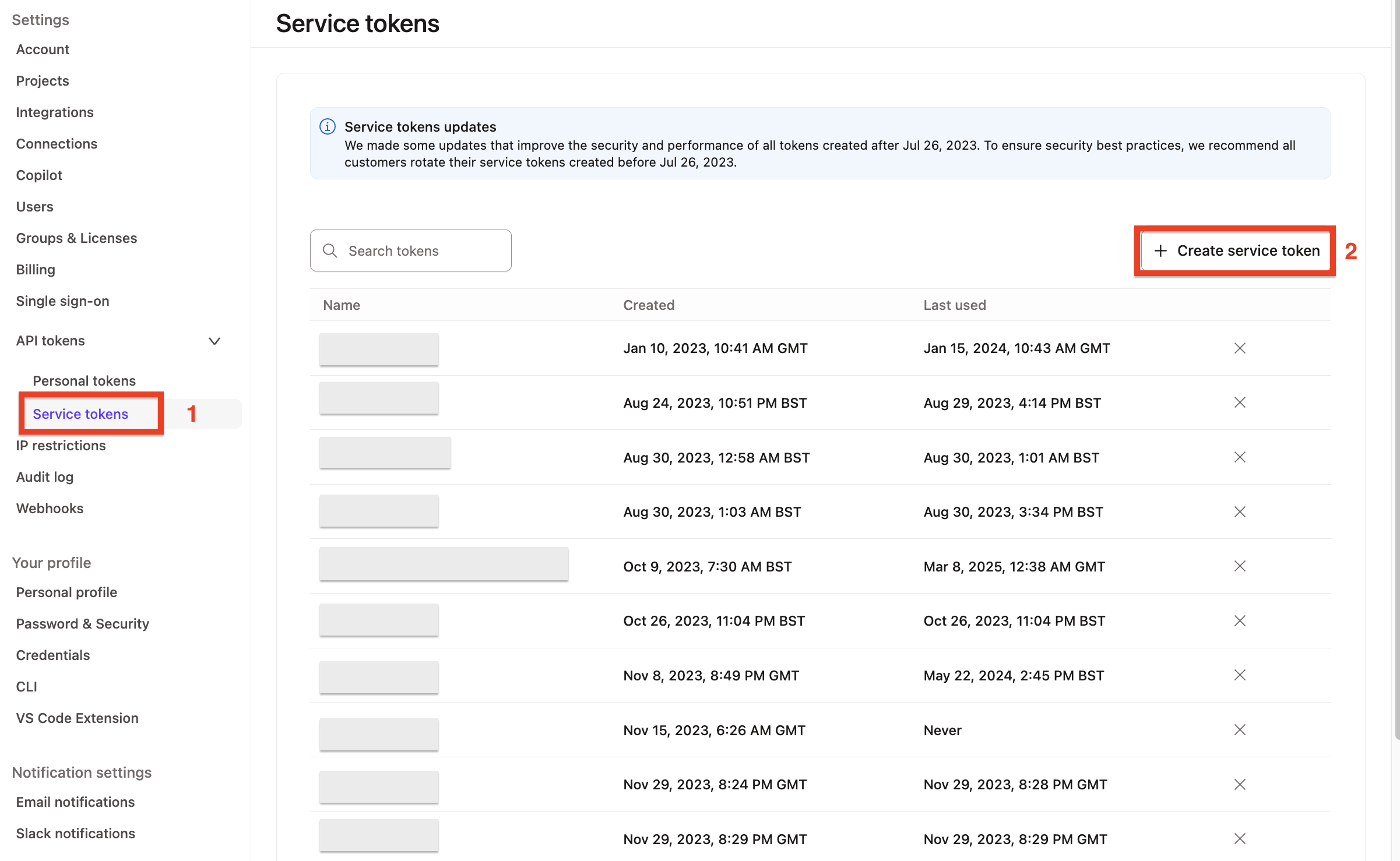 View of the dbt page where service tokens are created View of the dbt page where service tokens are created